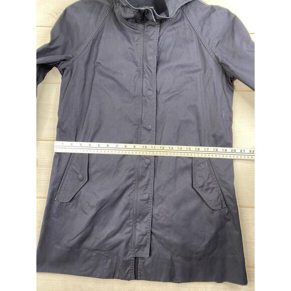 J Crew Trench Coat Womens Size 10 Navy Blue Hooded Snap/Zip Mid Length Cotton - Picture 9 of 13